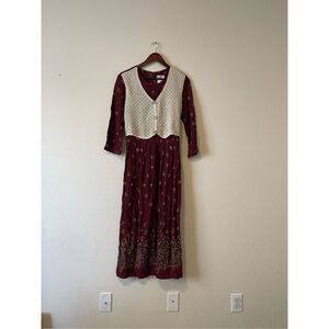 Vintage 90s R&K Originals Midi Dress Size 10 Rayon Floral Maroon 3/4‎ Sleeve